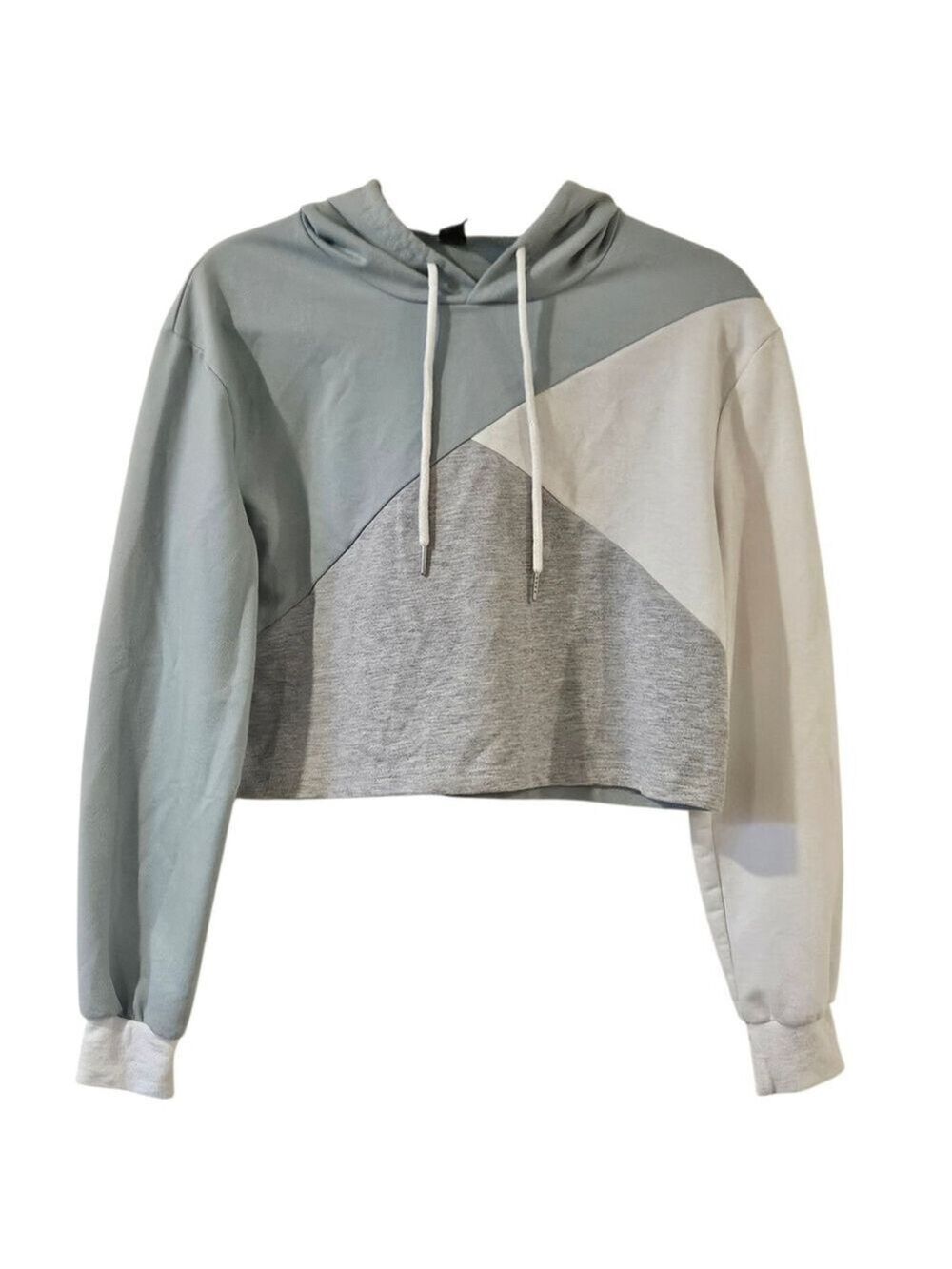 Cropped Hoodie Sweatshirt Size S Gray White Blue Long Sleeve